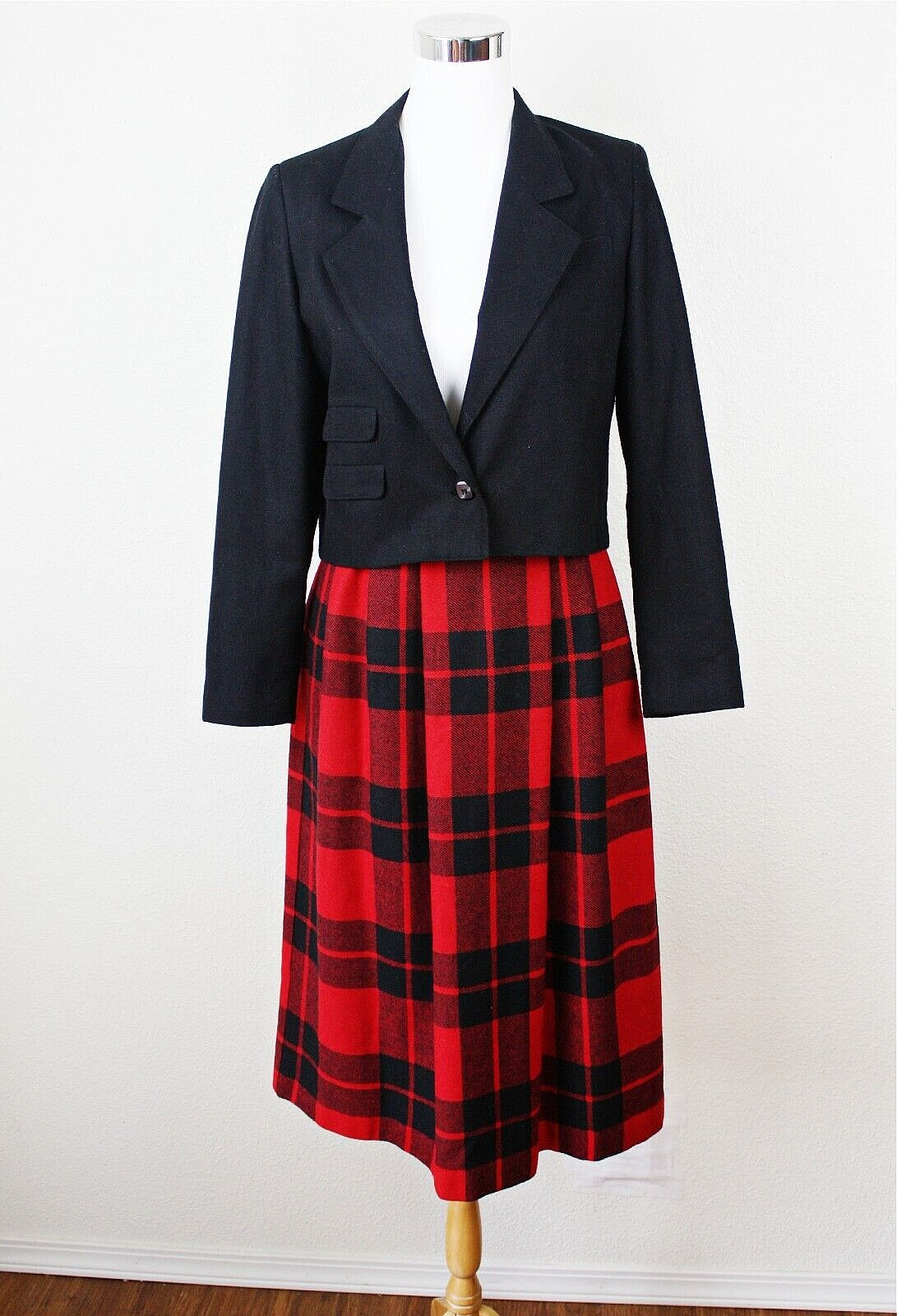 VTG Academia NANCI JENNIFER Y2K Set Sz 7-8 Cropped Jacket Plaid Pleated Skirt *