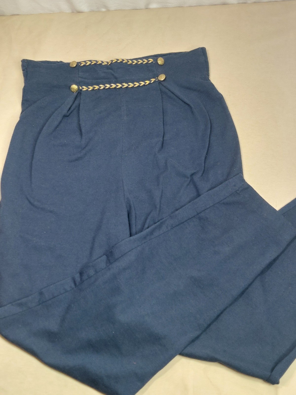Vintage 80s Nautical High Waist Pants Blue Gold Button Braid USA Coastal Grandma