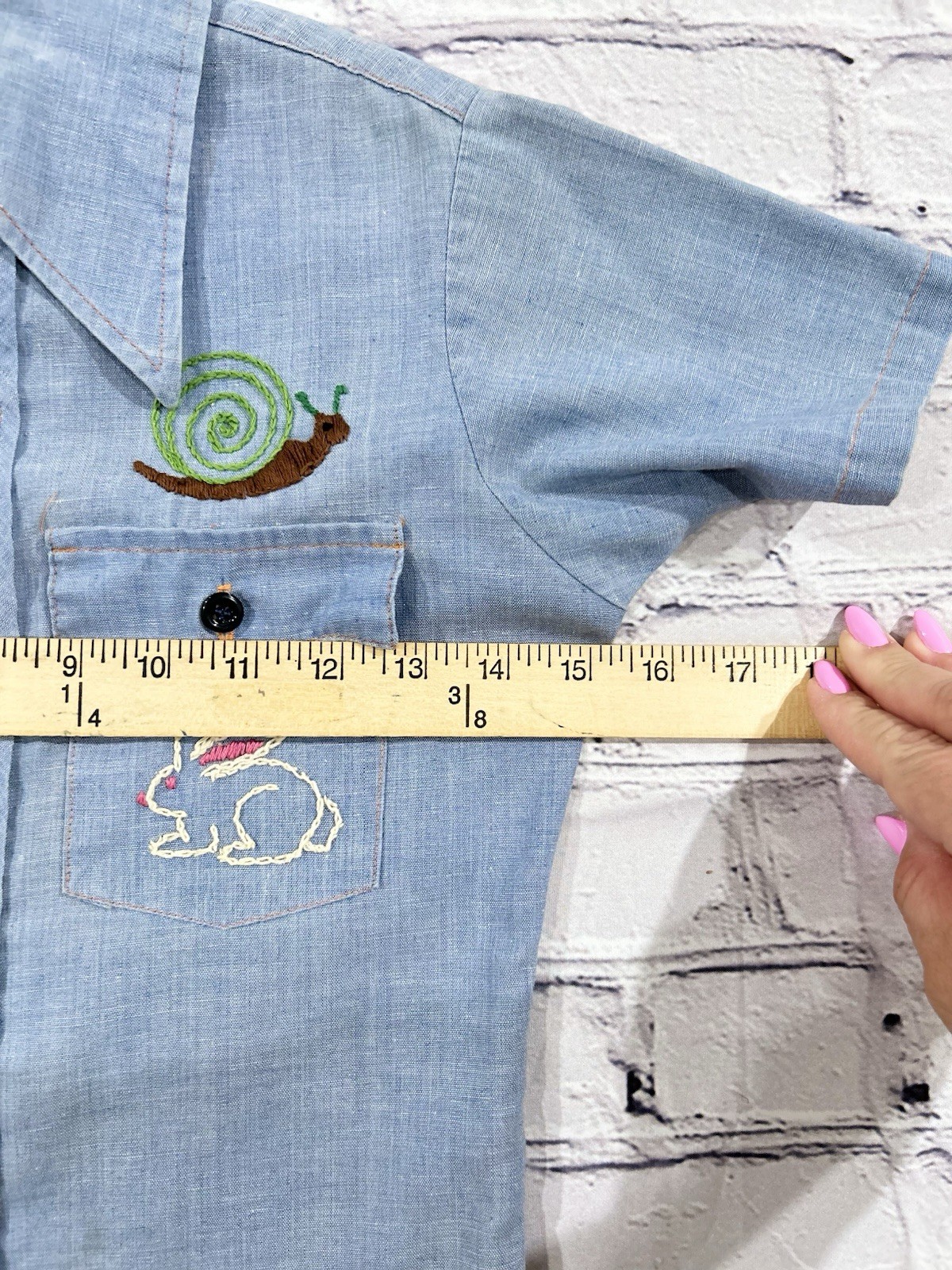 Vtg JCPenney Big Mac Chambray Palm Tree Beach Lady Bug Embroidered Work Shirt