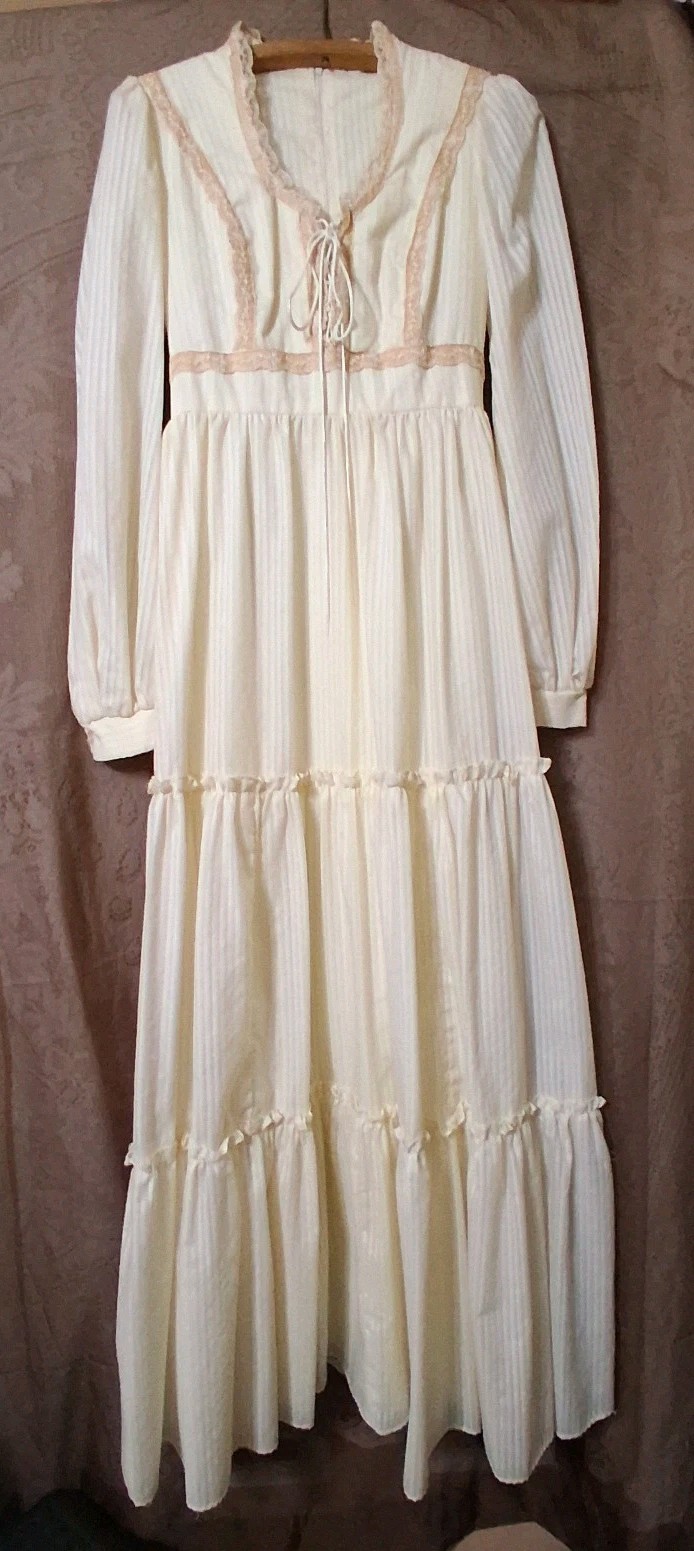 1970’s Long Boho Style Ivory Lace Up Bodice Cotton Dress By Zum Zum