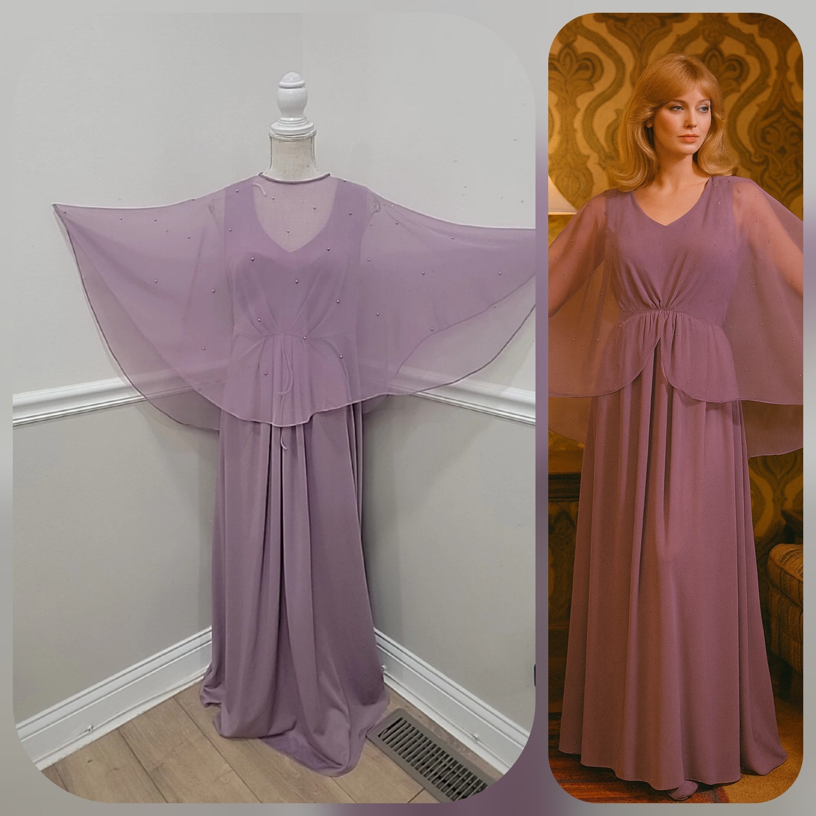 Vintage’70s Evening Bohemian/Lilac Chiffon Beaded Cape Sleeves Dress