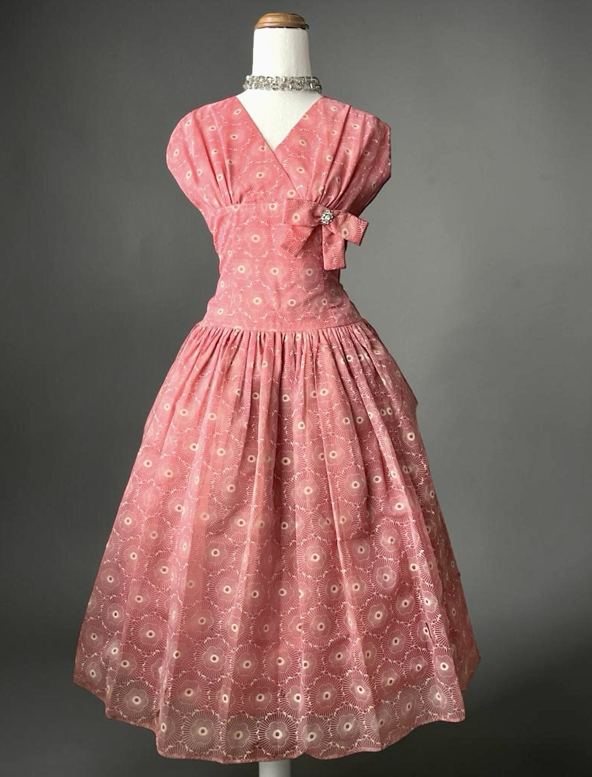 Vintage 1950s Coral Pink pattern double layer Tea Dress | Rhinestone Bow Details