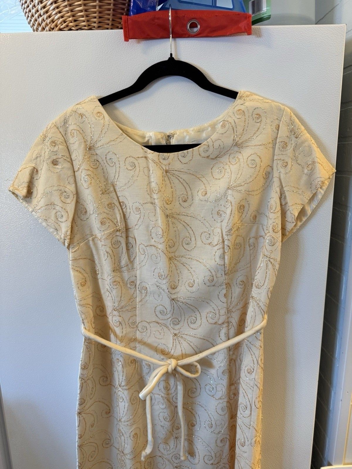 60s Vintage Mary Roberts Boxy Winter White Dress with gold Metallic Thread