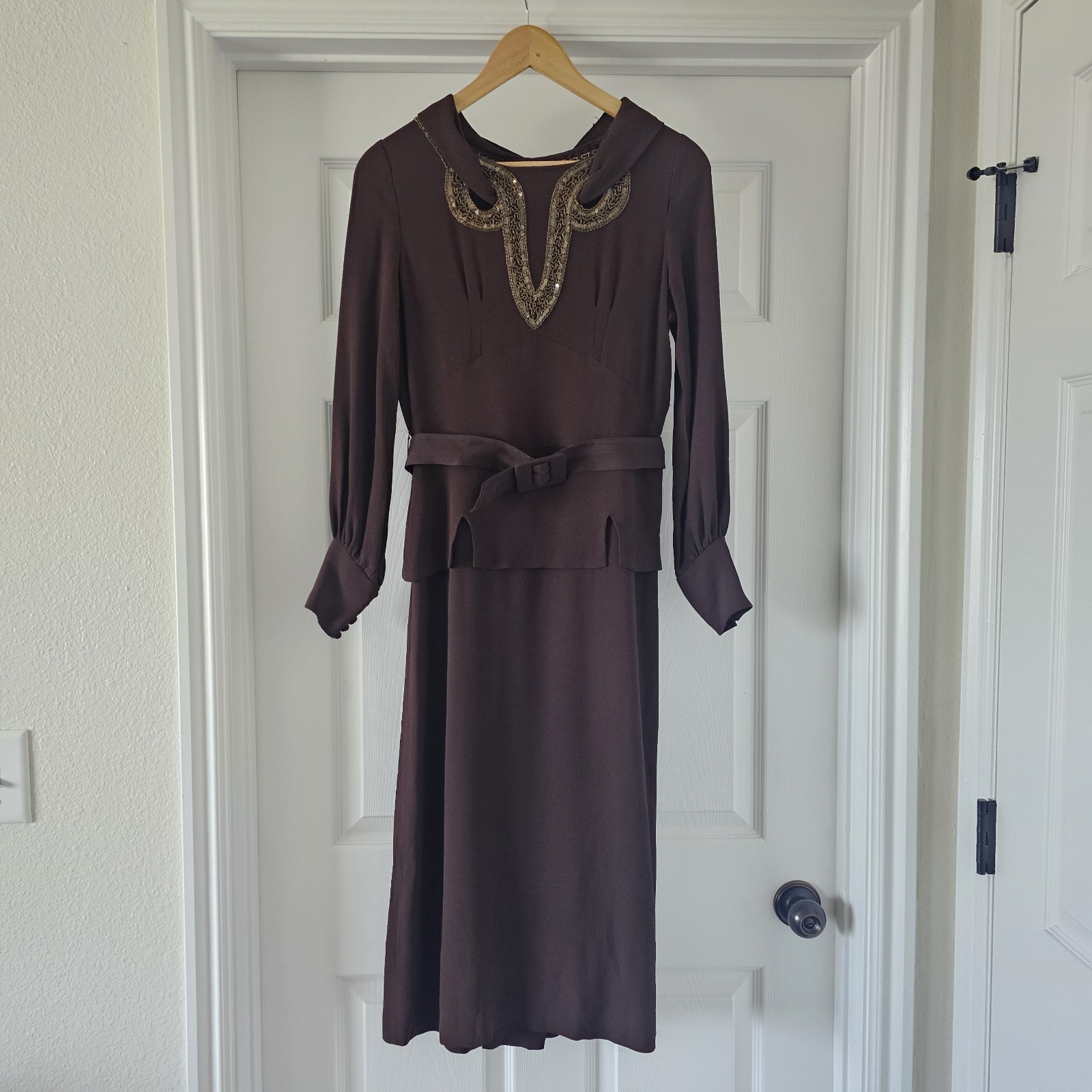 1930s Vintage Blue Eagle Brown Rayon Crepe Peplum Gold Beaded Dress Belt Set #90