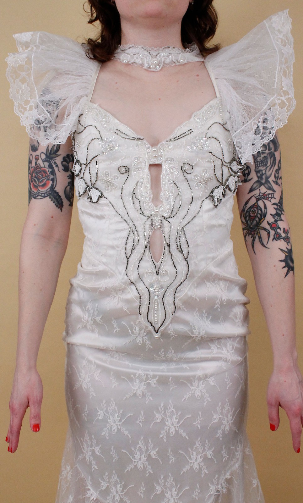 80s Vtg CLIMAX Karen Okada White Lace Angel Sleeve Dress Sheer Mesh Glam Mermaid