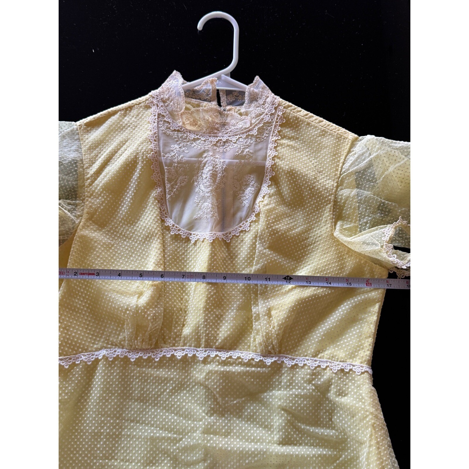 Vintage 70s Yellow Swiss Dot Lace Maxi Dress ILGWU Union Made Boho Prairie Sz 11