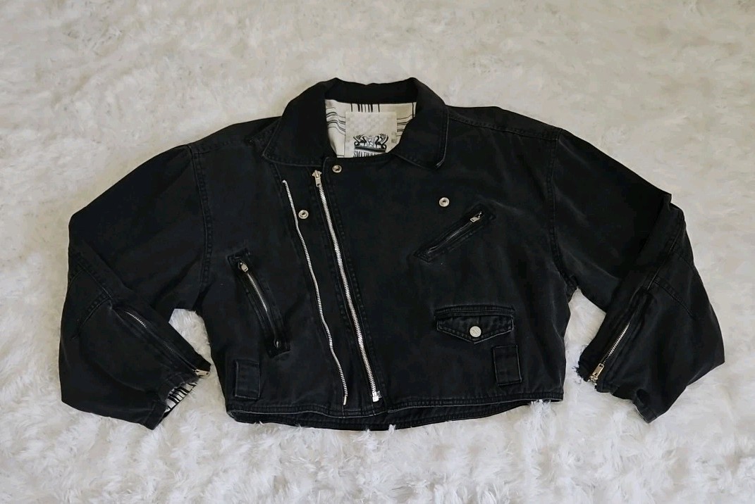 Smith & York Black Denim Biker Jacket Chinese Dragon Graphic Womens Size M 90s