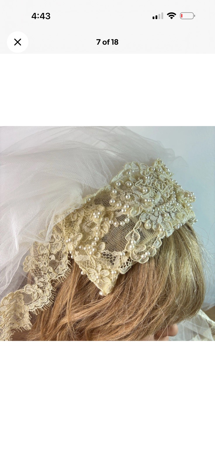 VTG 60s 70s Lace & Pearl Bridal Veil Juliet Cap Style Ivory Alencon Lace Tulle