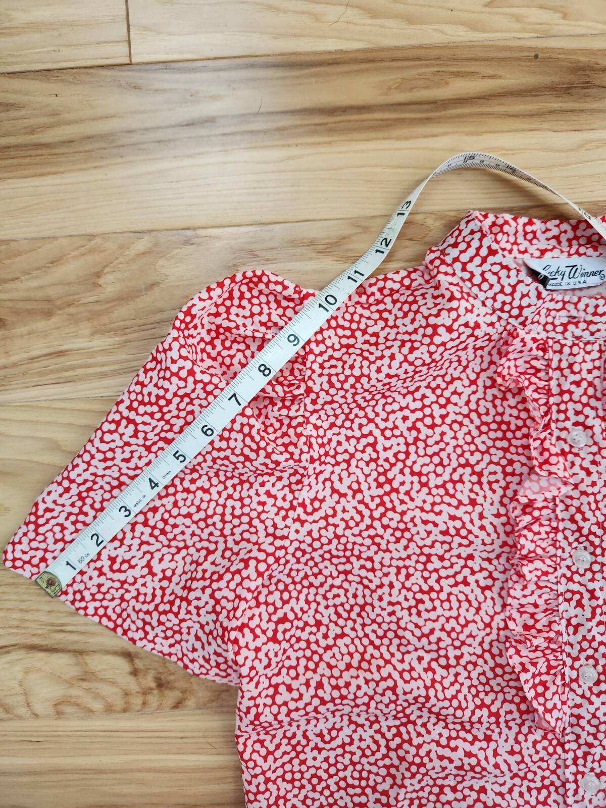 VINTAGE Lucky Winner 1970s Blouse Red And White Polka Dots Puff Sleeve Retro Top