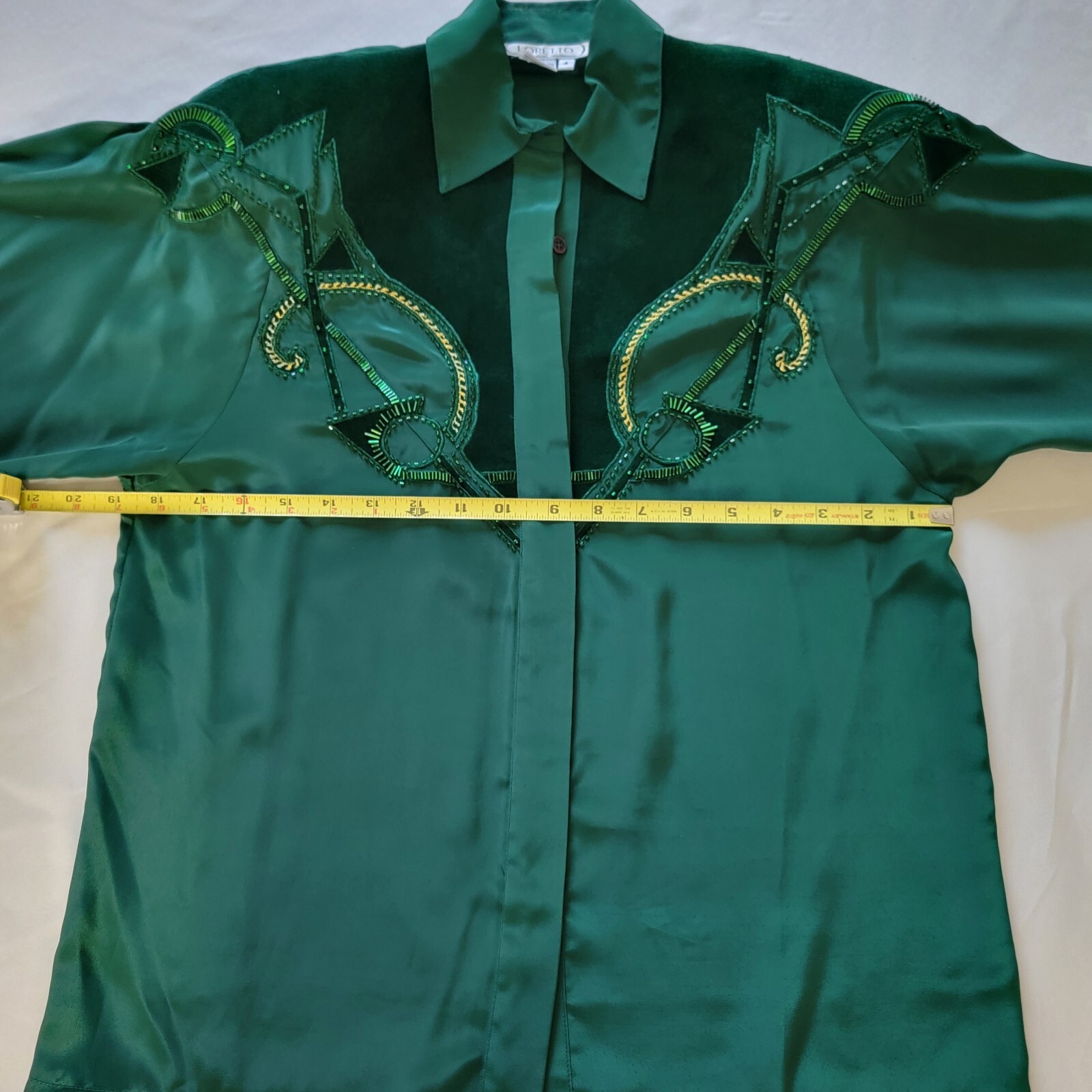 VTG Western Cowgirl Rodeo Baroque Sequin Suede Beaded Embroidery Blouse Green M