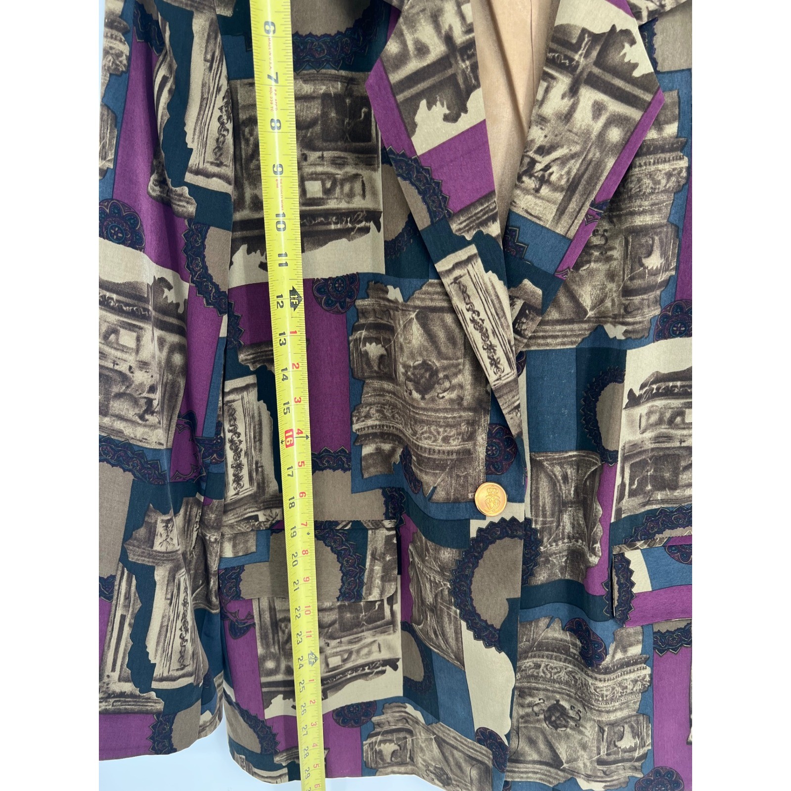 Kathryn Deene New York Vintage Architectural Print Blazer Purple Teal Size 44