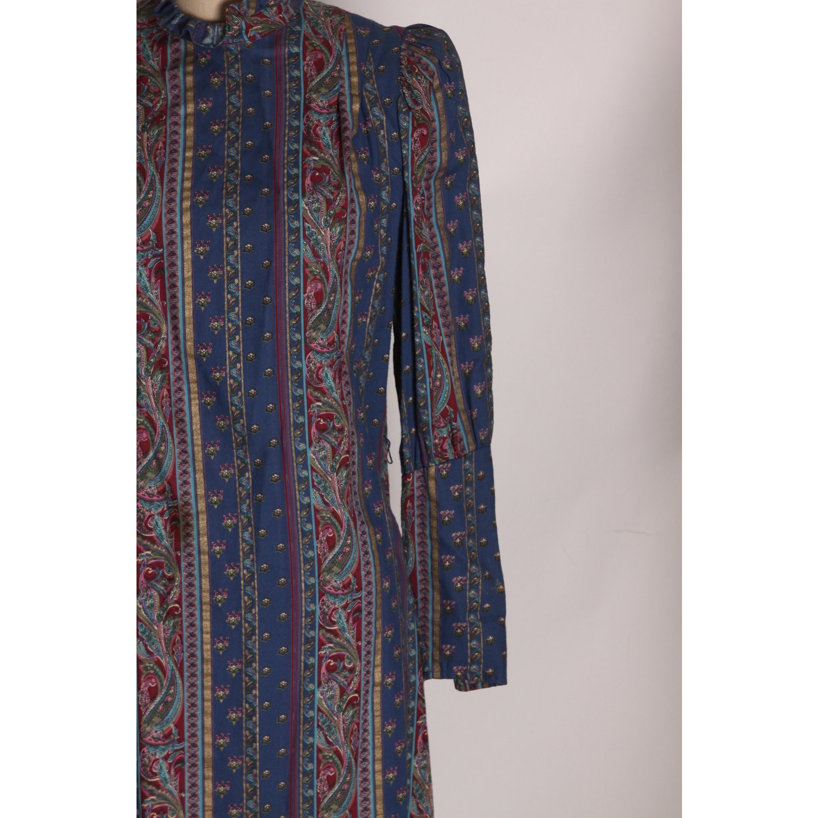 1970s Dark Blue Tan Burgundy Striped Paisley Long Sleeve Dress by Belle France