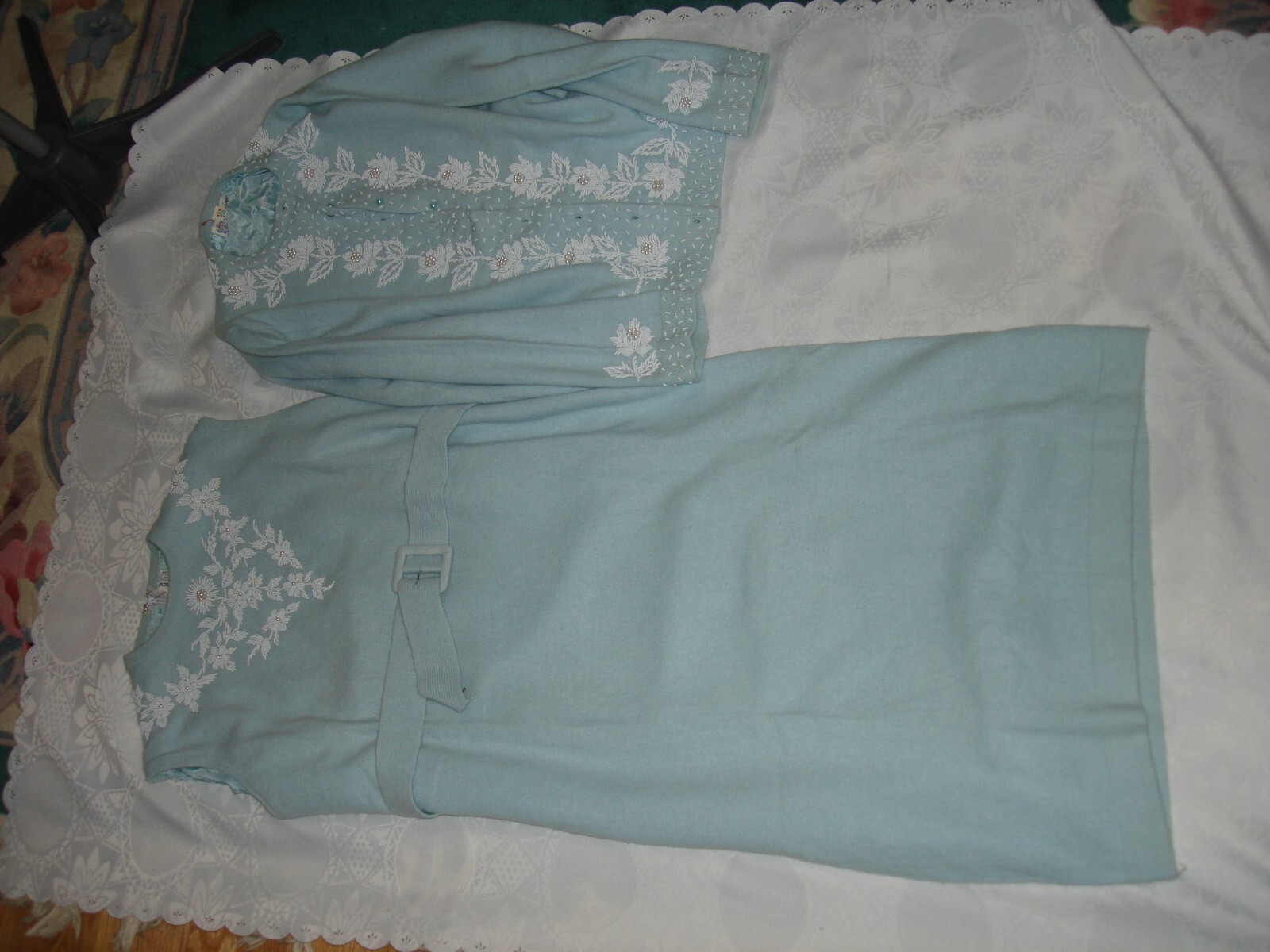 Vtg 50s Prince Beautiful Unique Set Dress Sweater Ice Baby Blue White Beaded M