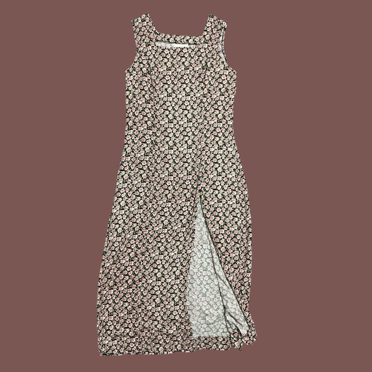 Vintage 90s Somerset Black Pink Rose Rayon Midi Dress Square Neck