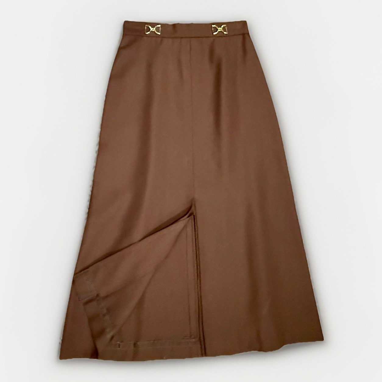 Vintage 70s Custom Brown High Waisted Aline Retro Midi Skirt Slit Secretary S