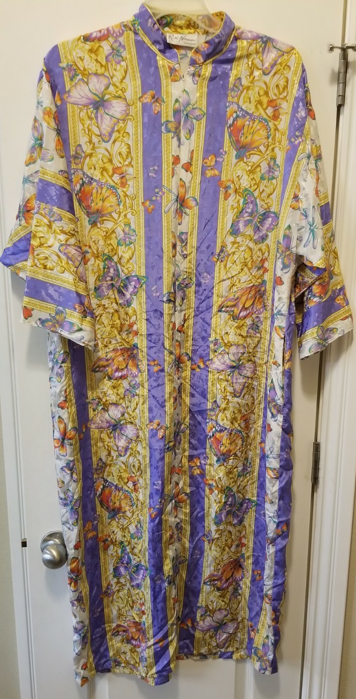 Vintage Ruth Norman New York Caftan Housecoat Dress Pullover Floral Butterfly L