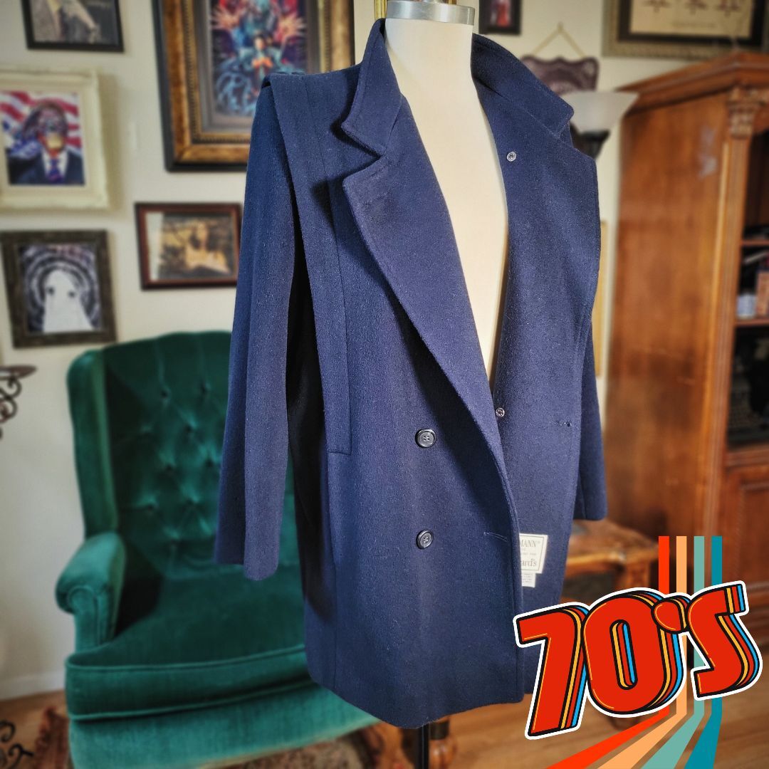 Vintage 70s PRESTON & YORK Navy Blue Coat 100% Wool Forstman – Medium