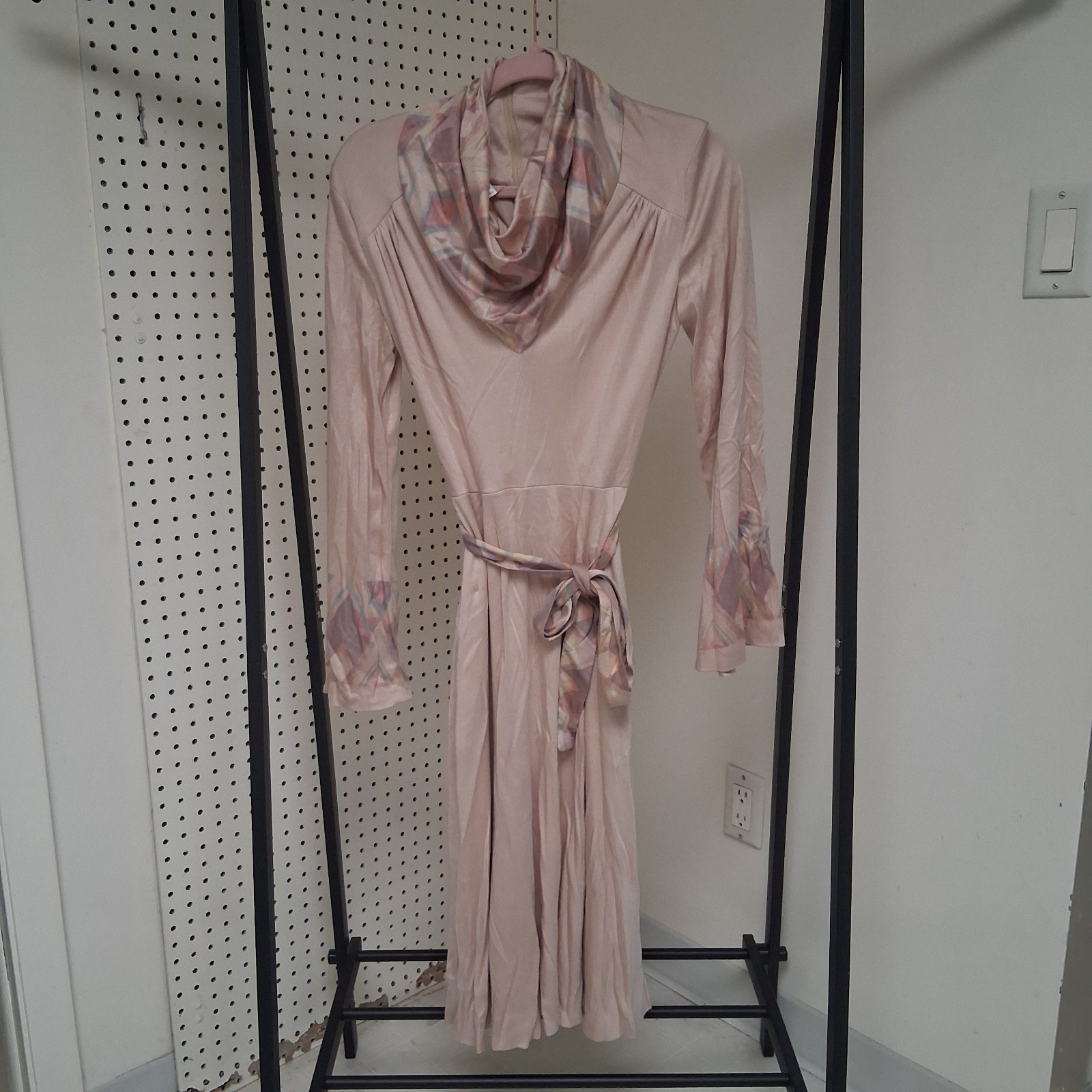 Vintage 70s Midi Bell Sleeve Dress Bohemian Earth Toned Pink Flowy Geometric USA