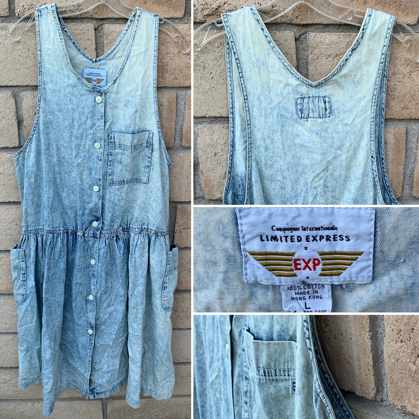 Vintage Limited Express EXP Acid Wash Denim Jumper Dress Pockets 1980s Size L