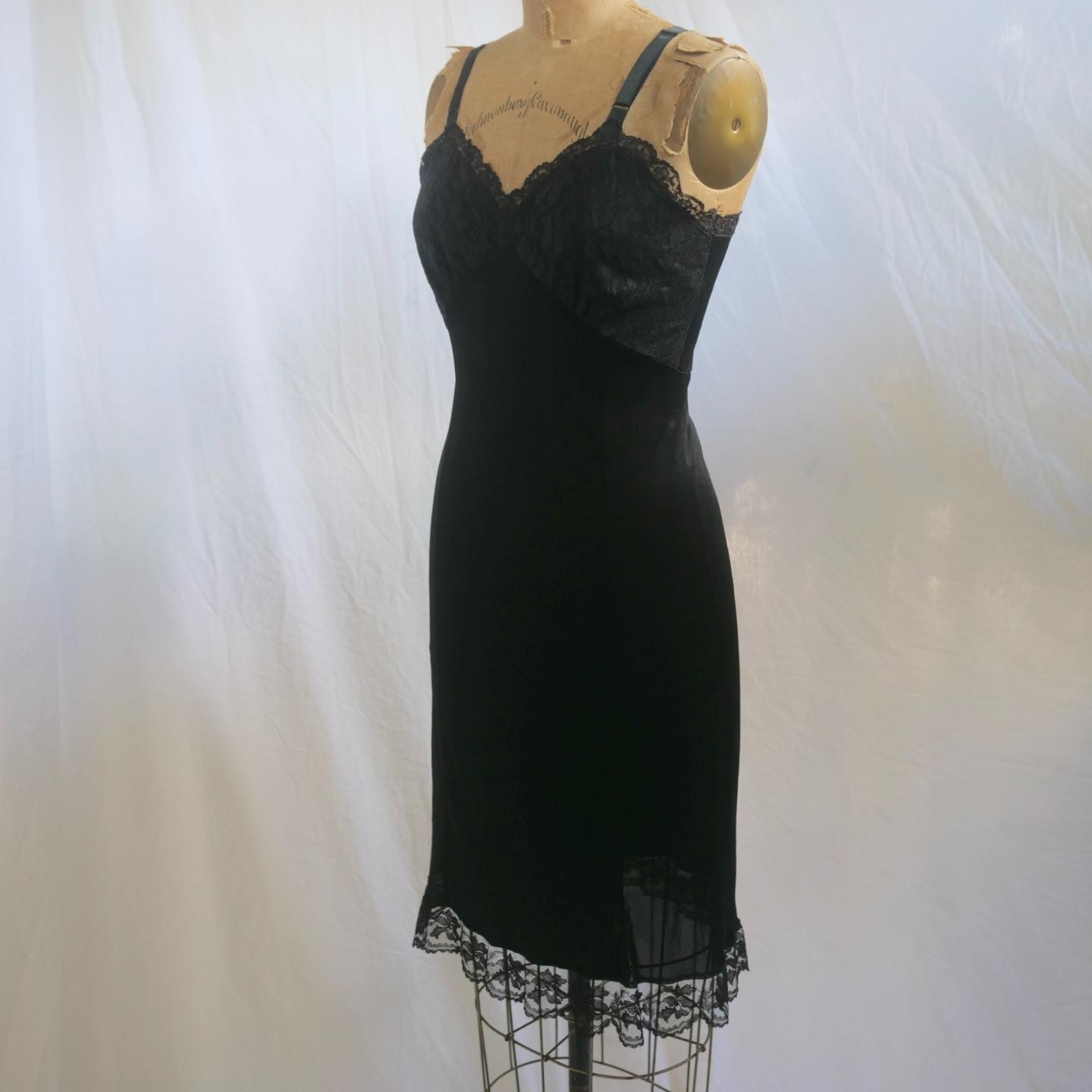 Vintage 60s DIXIE BELLE Black Acetate Tricot Full Slip Dress Floral LACE 34 S/M