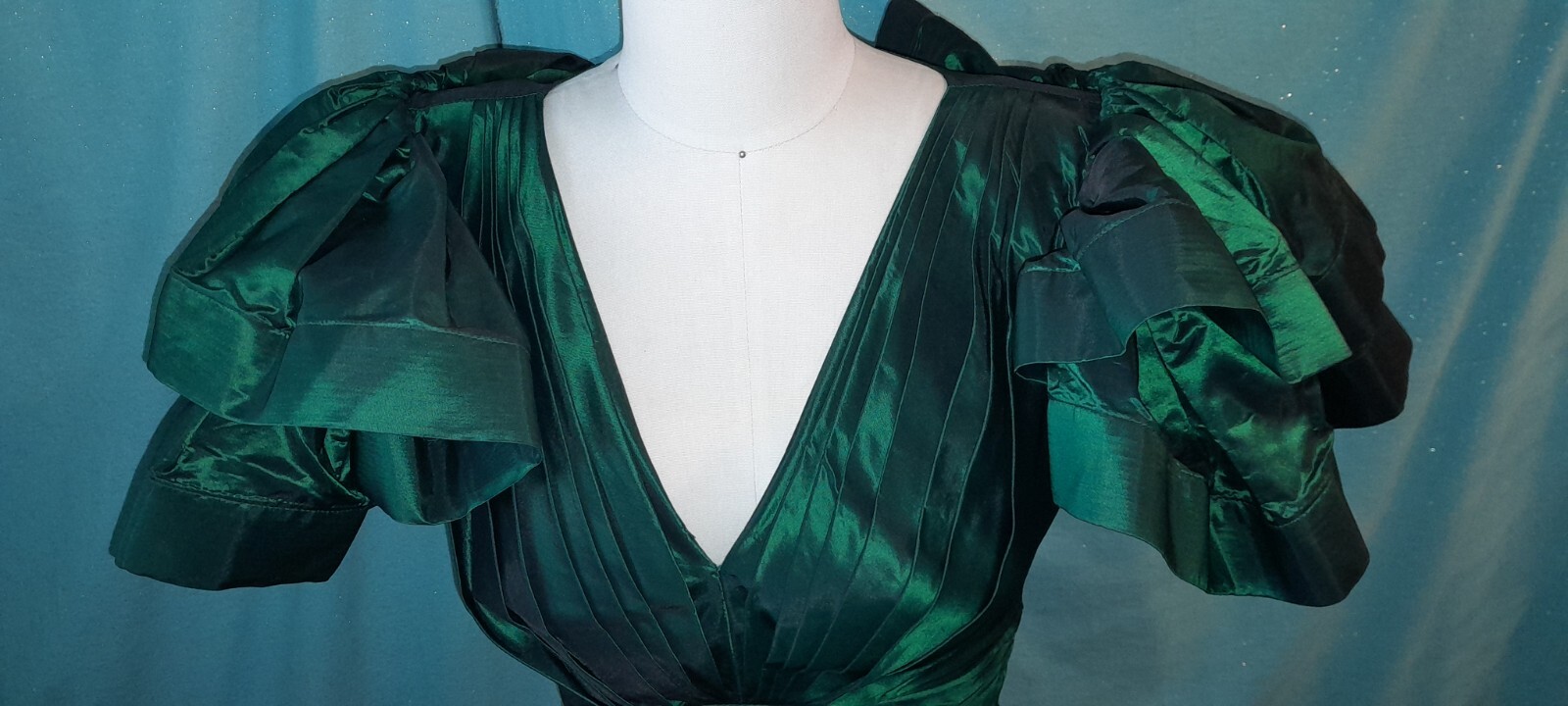 Vtg 80s Emerald Green TADASHI Pleated RUFFLE Wiggle Tafffeta Party Prom Dress S