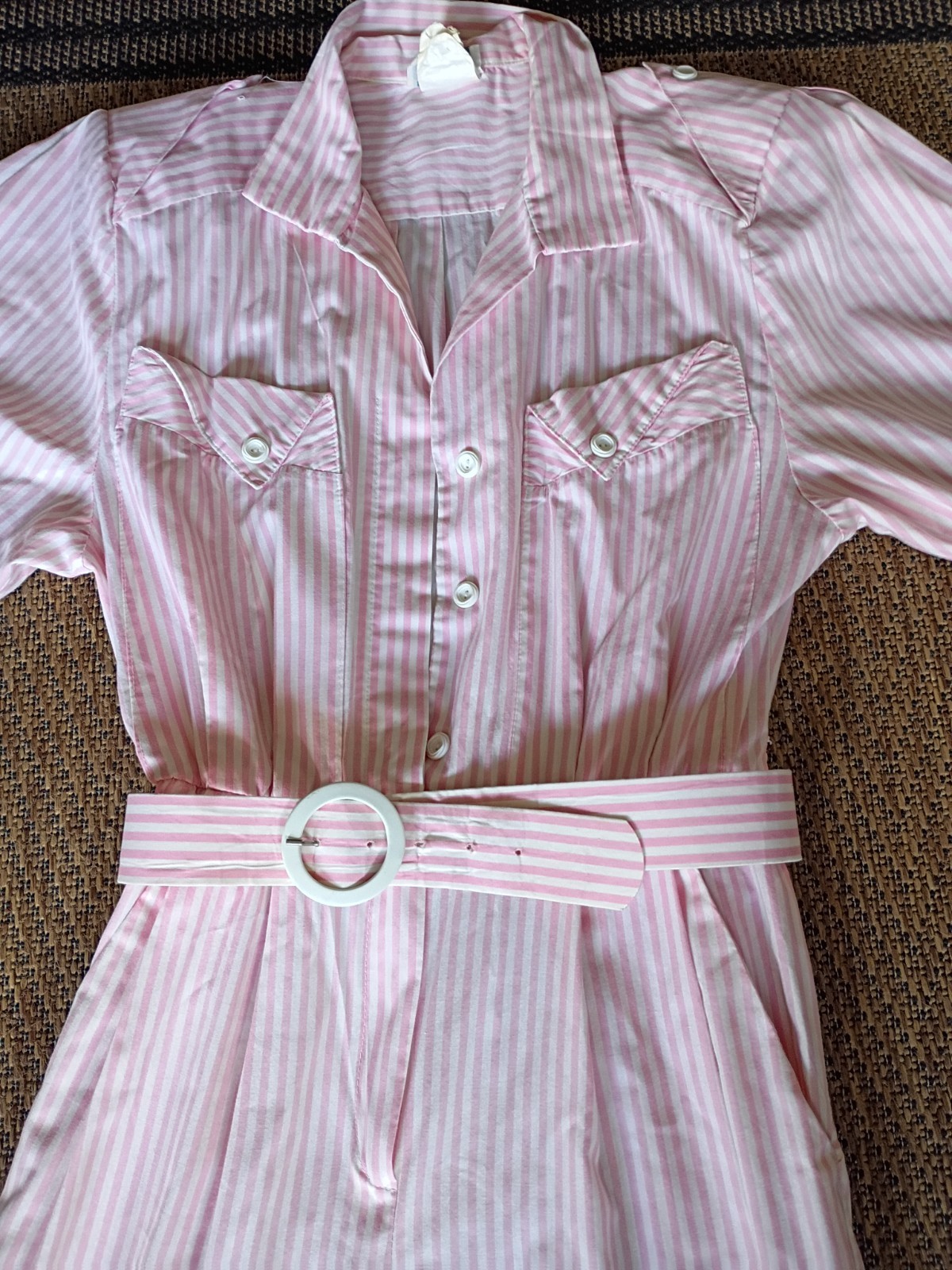 Women’s Vintage Size 11 or XL, 80’s Pink Stripes Jump Suit W/ Belt Algo-Ettes