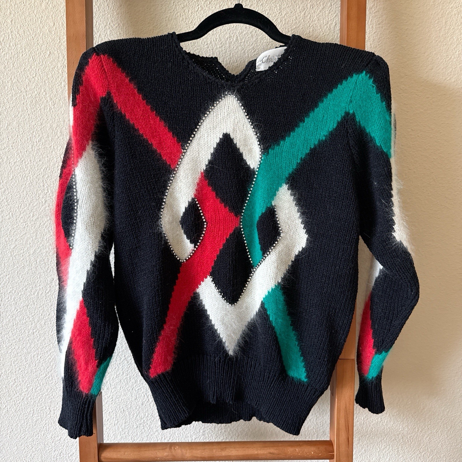 Vintage 1980 Black Red And Green Angora Blend Sweater Size Small