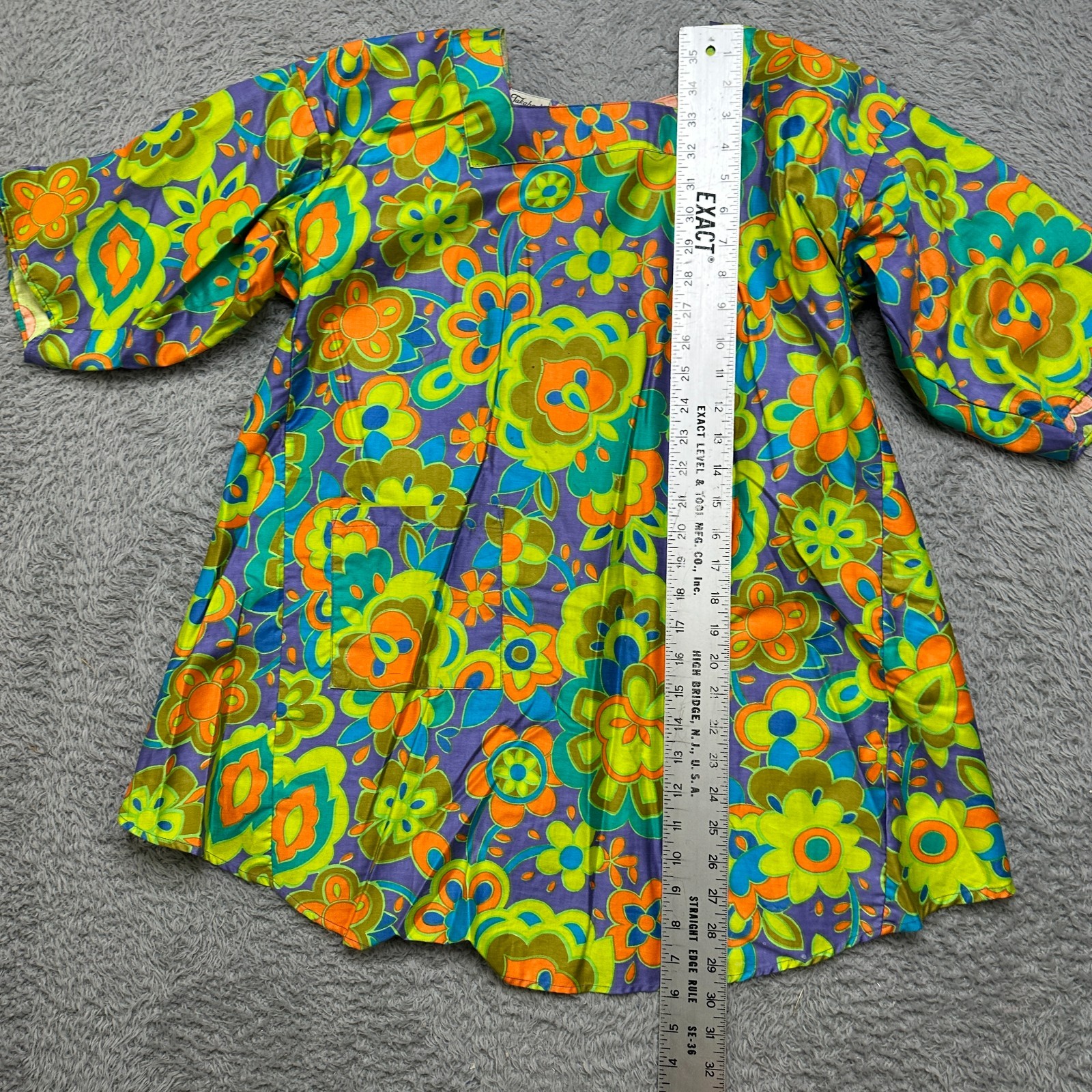 Vintage 60/70s Smock Shirt Womens M Green Groovy Mod Flower Psychedelic Top