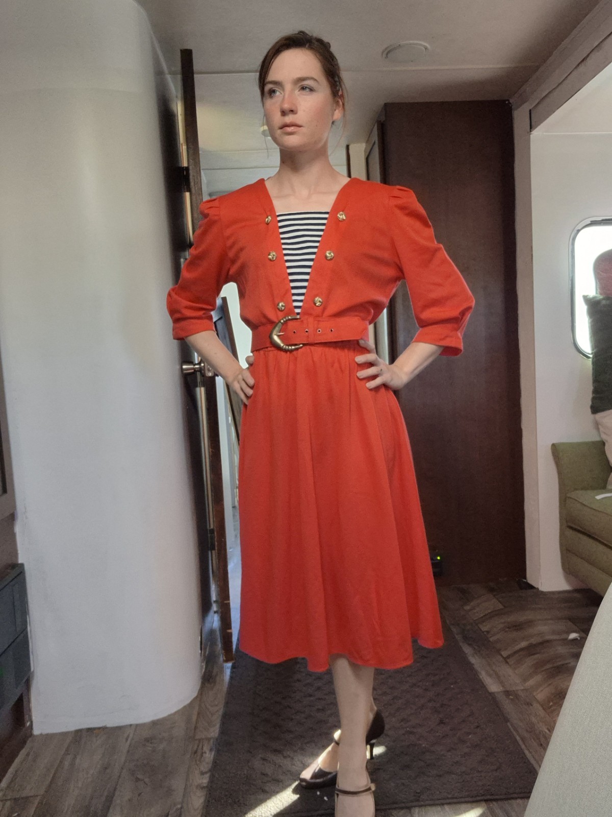 Vintage 80s Dress Casual Red Sailor Stripes Belt Tabby of California Size 12 L