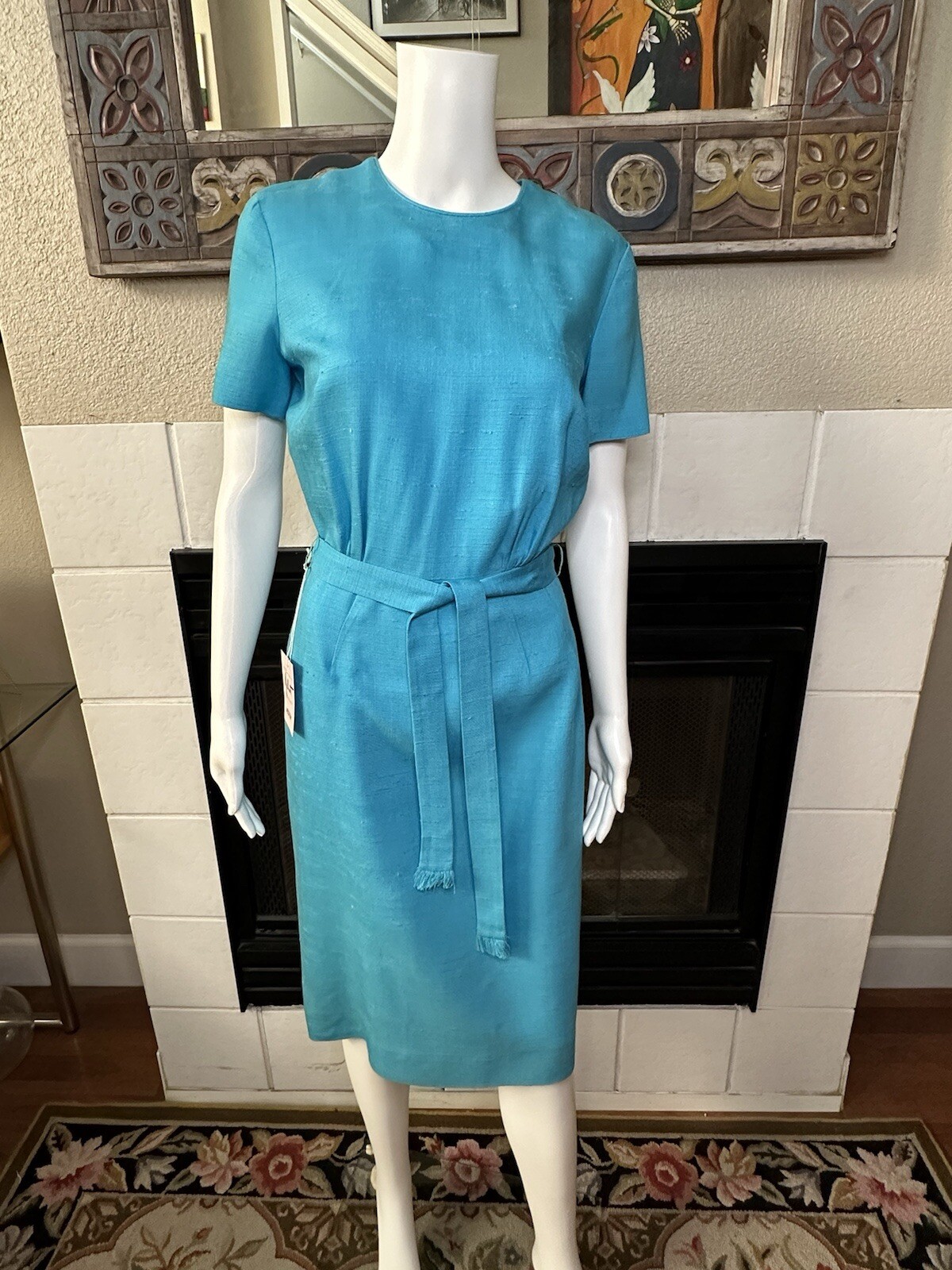 Vtg Galant Dress w/tag belted rayon turquoise Circ 1980s armpit to armpit 18″