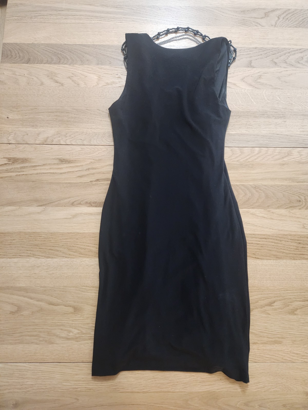 Vtg Cache XS Black Sleveless mini dress Bodycon Y2K 90s Beaded Chain Cocktail