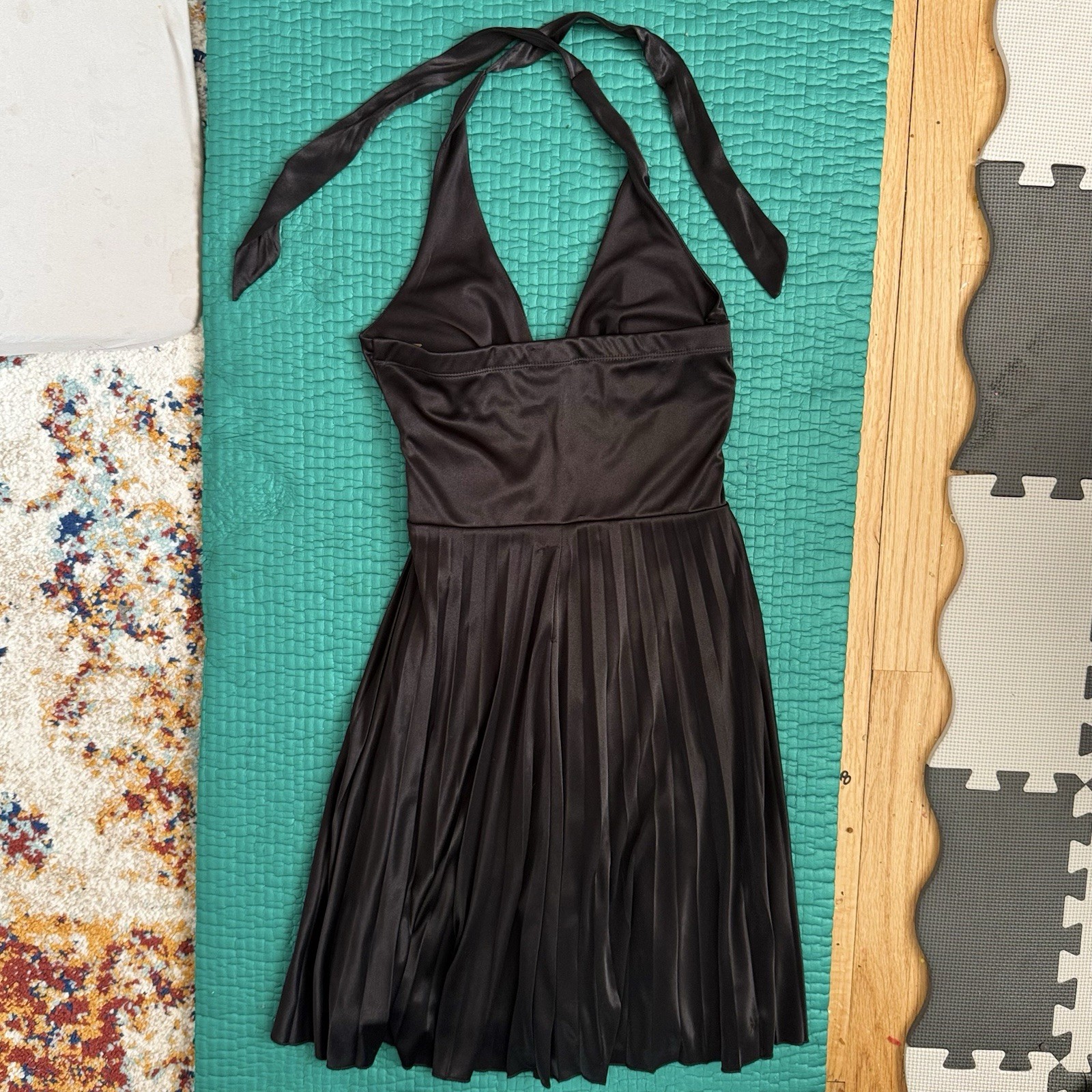 Vintage Y2K Speechless Midi Party Dress Halter Pleated Satin Black Sz S 2000s