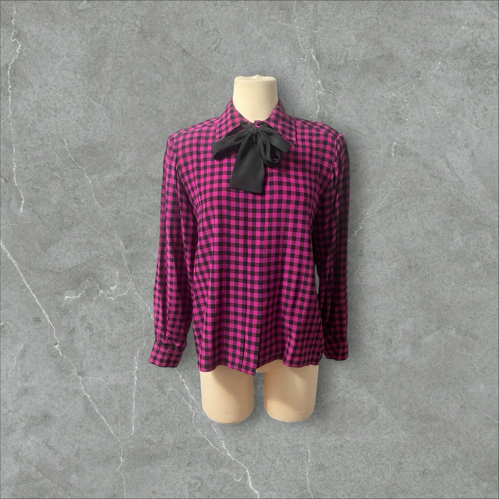 Vintage 70s Hot Pink Black Plaid Gingham 100% Silk Sz 8 Saks Fifth Avenue Blouse