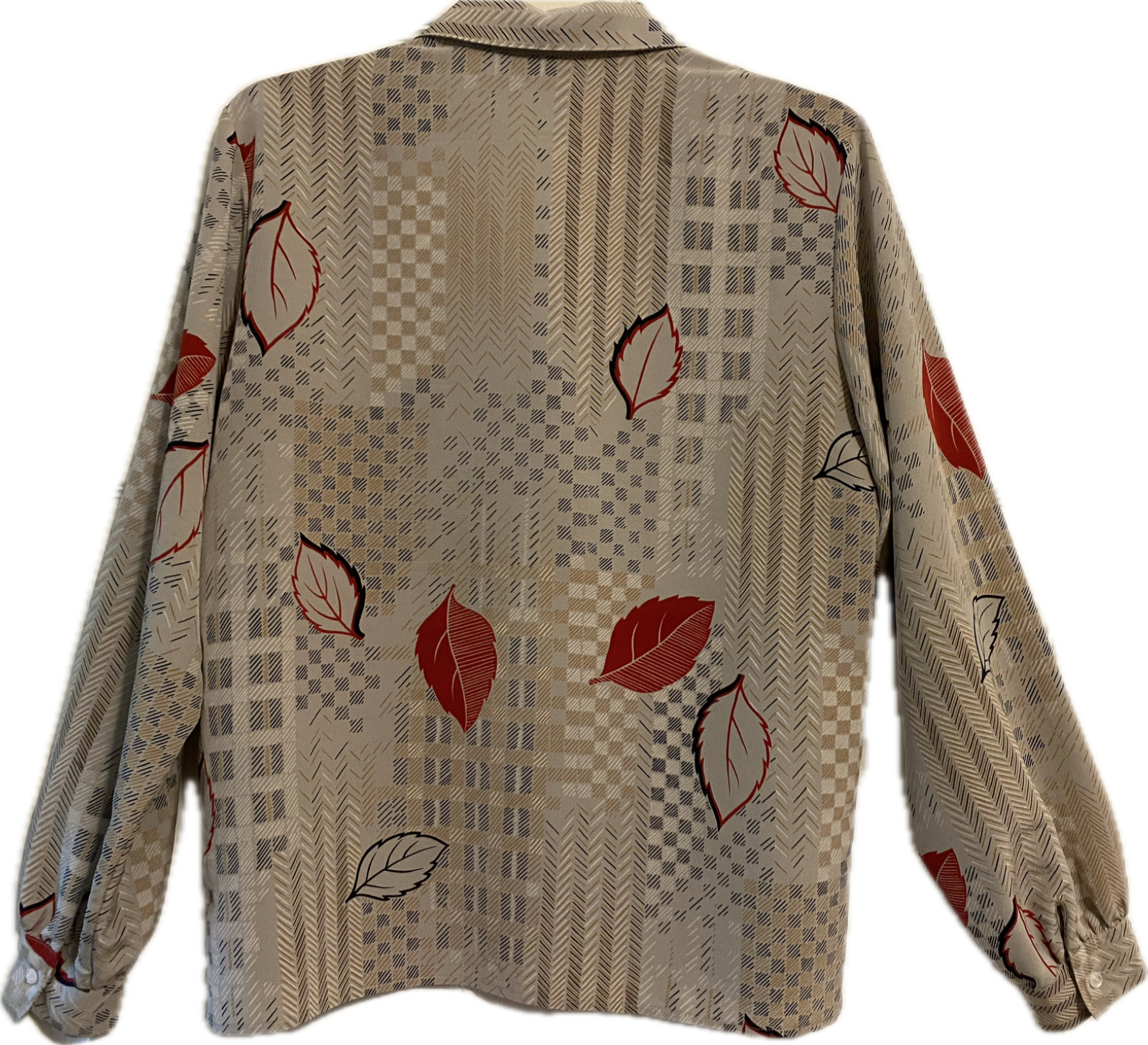 VINTAGE DALTON Beige, Gray w/Abstract Leaf Print LS Front Button Blouse SIZE 10