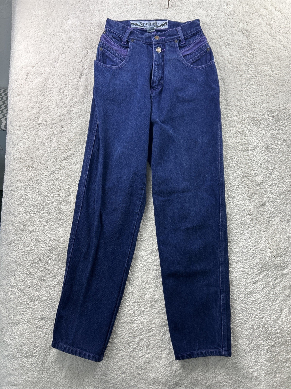 Vintage Squeeze 80s 90s Dark Blue/Lavender Wash Womens High Waist Rise Jeans 3/4