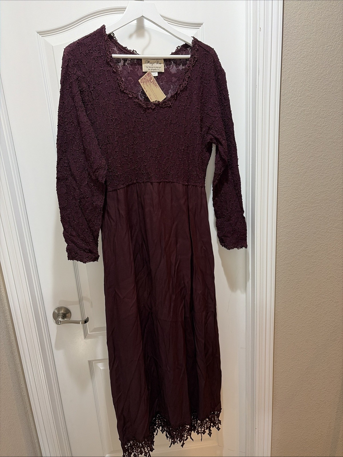 VTG NWT Margot Lea Dress Size XL Lace Accents Burgundy Maxi Long Sleeve USA