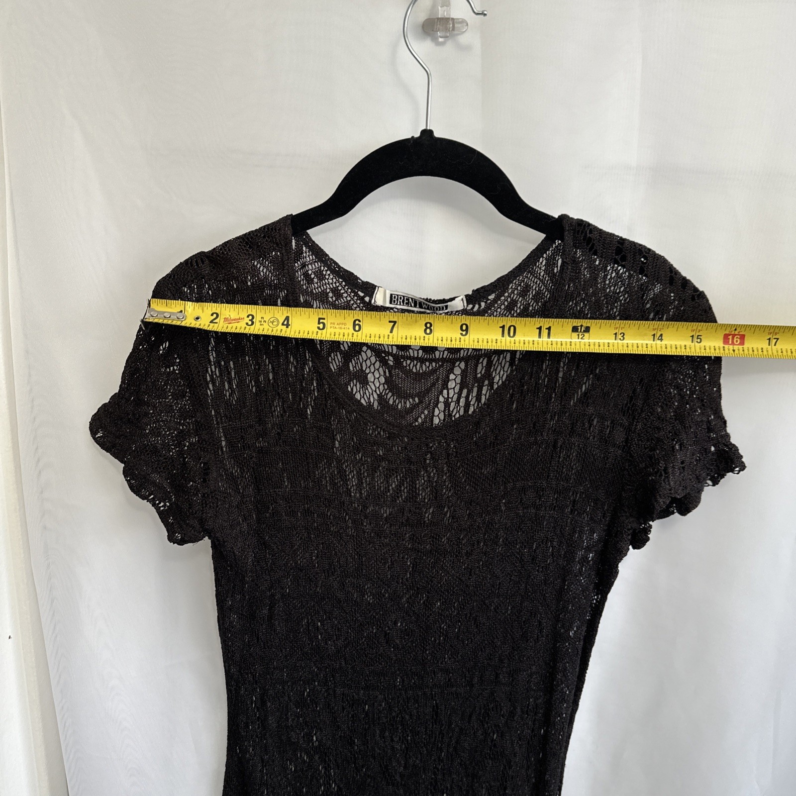 Vintage Brentwood Black Lace Overlay Dress Sheer Crochet Knit Short Sleeve