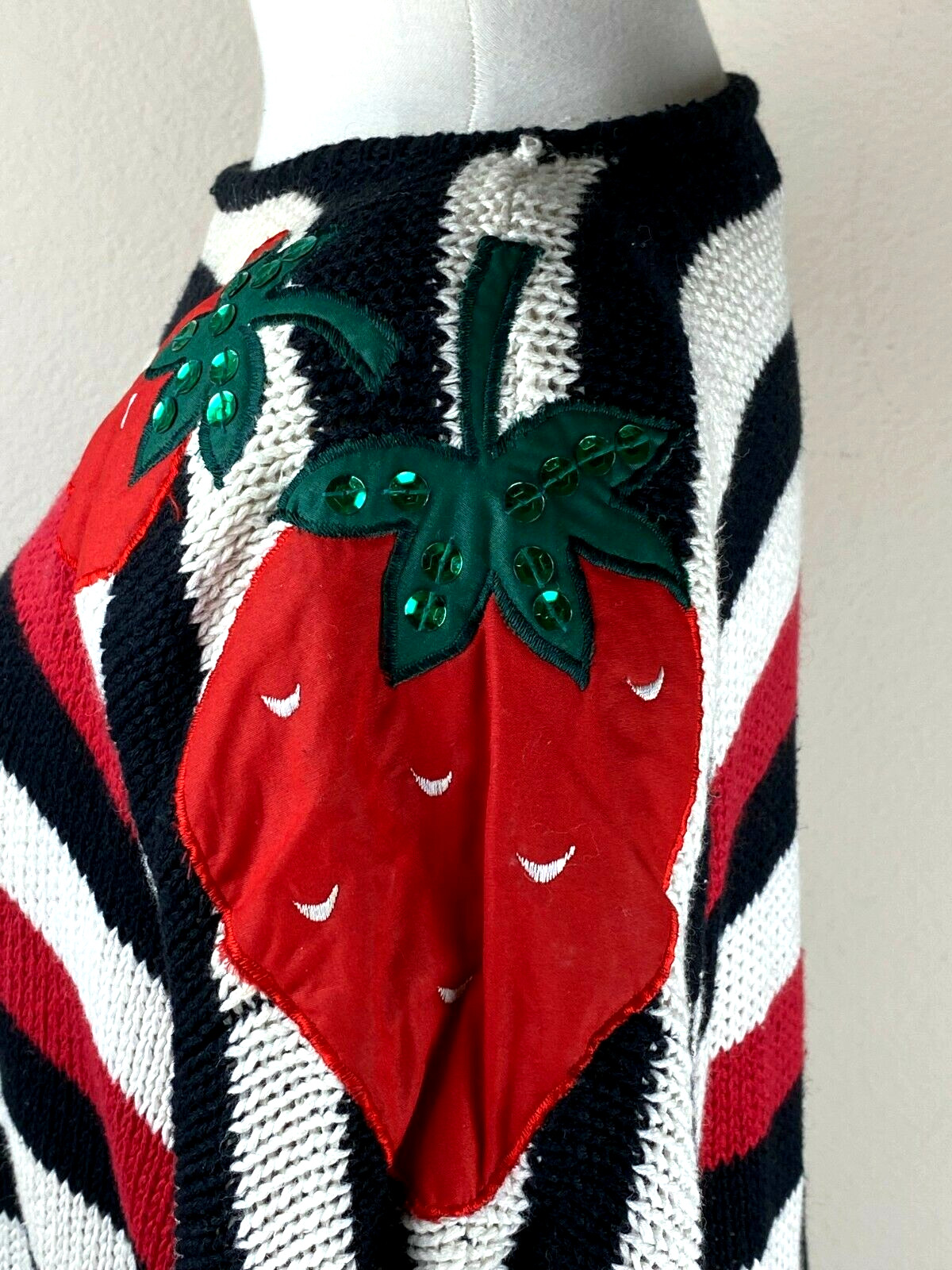VTG 80s Bonnie Boerer Grannycore Batwing Chunky Sweater S Red Black Striped Knit