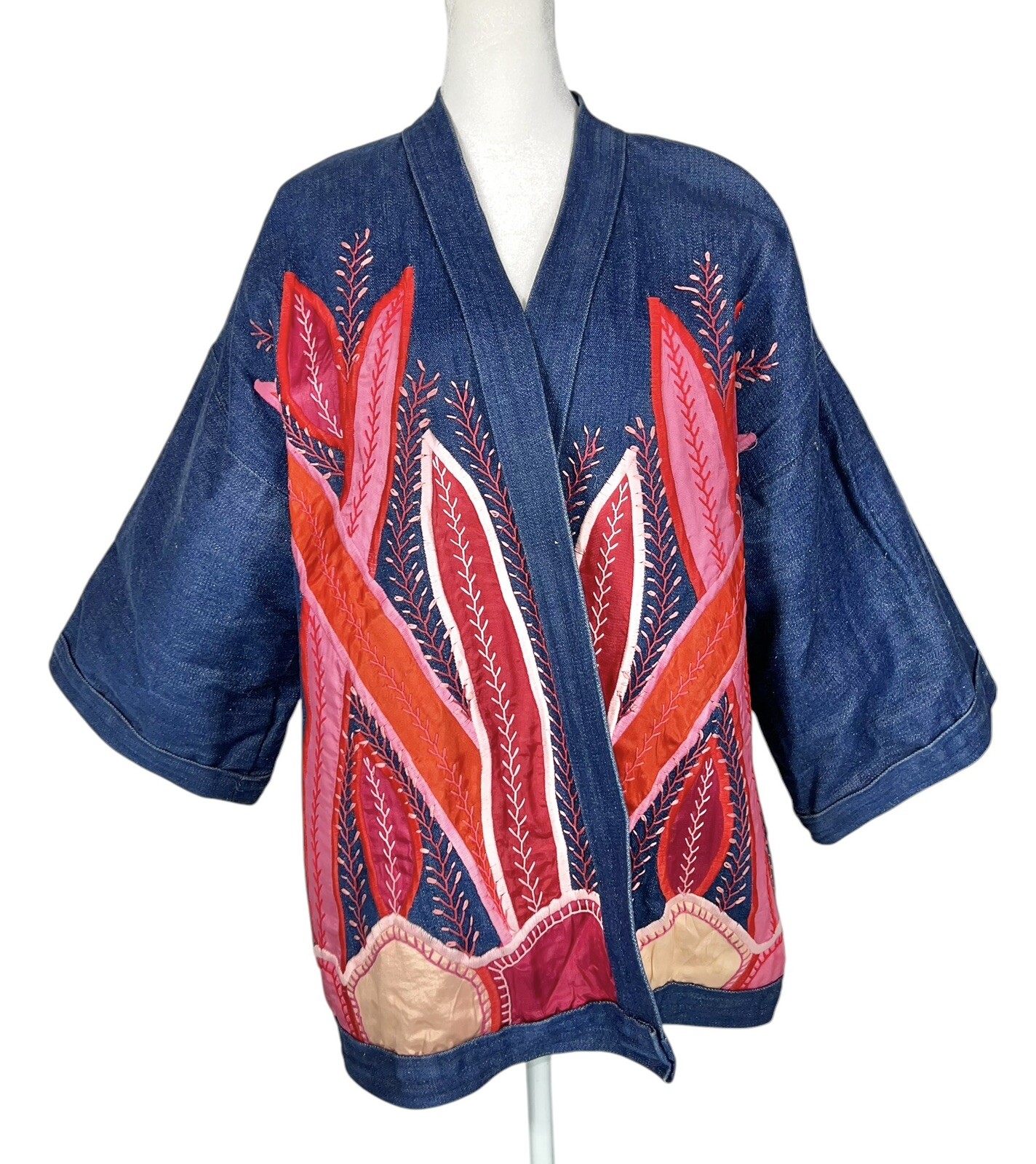 Vtg Judith Roberts La Coleccion Fiber Art Denim Kimono Coat Satin Snake Plants L
