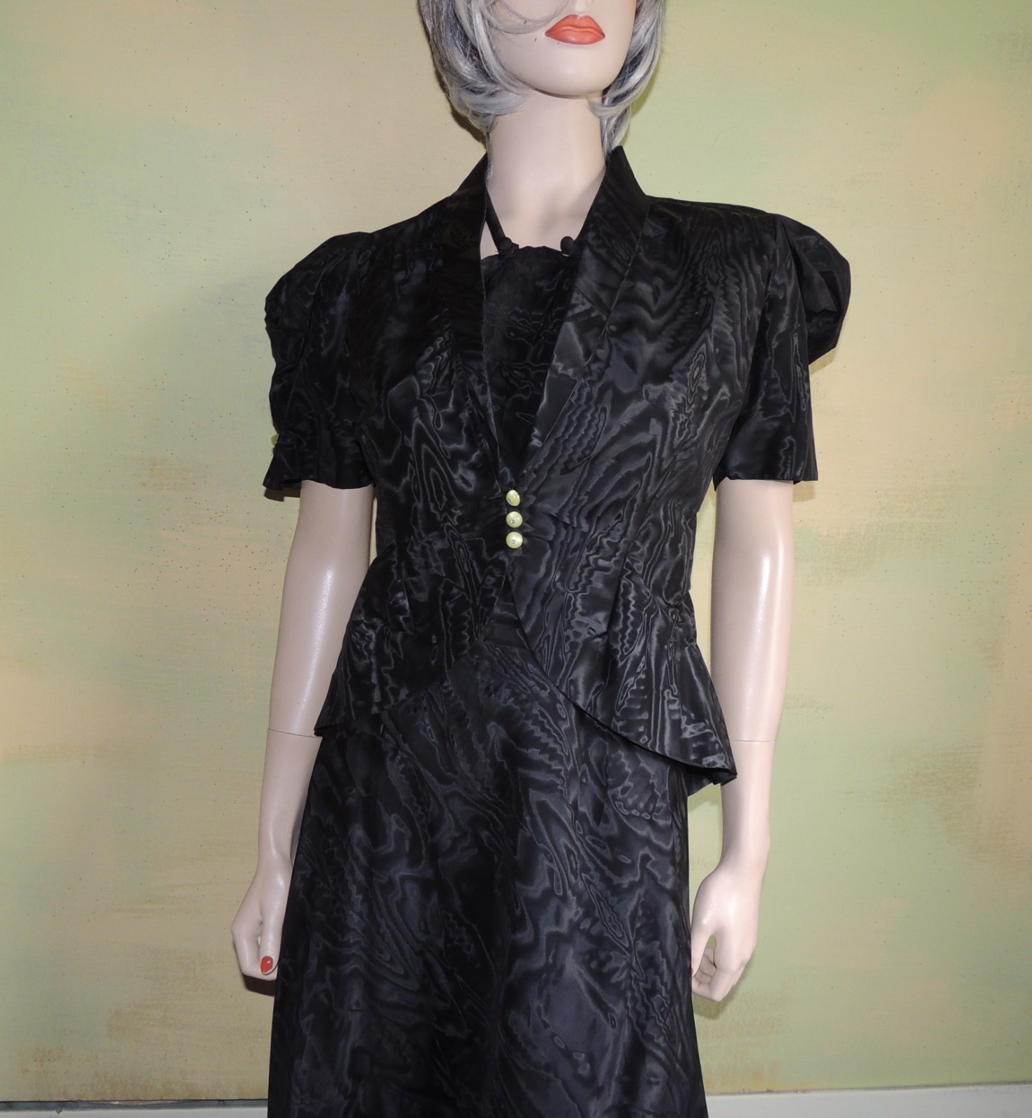 Marontate 40s Dress Black Moire Taffeta Halter with Peplum Jacket