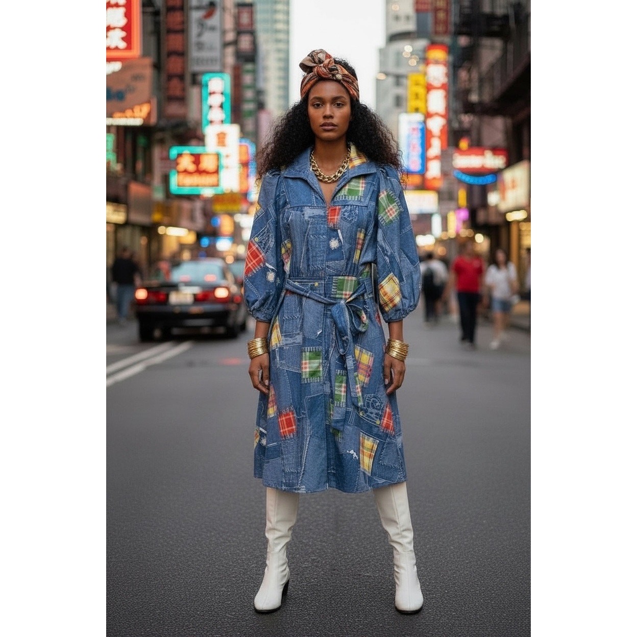 Vintage 70s Faux Denim Patchwork Print Dress Funky Handmade M