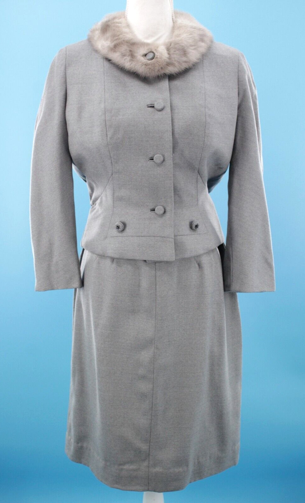 VTG Women’s 50s 2 Pc Gray Fur Collar Jacket & Skirt Set Sz S 1950s Dress Suit