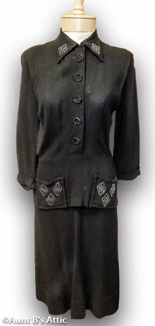 Vintage 40’s Black Textured Rayon Crepe W/ Bead Accent Pocketed Peplum Dress S/M