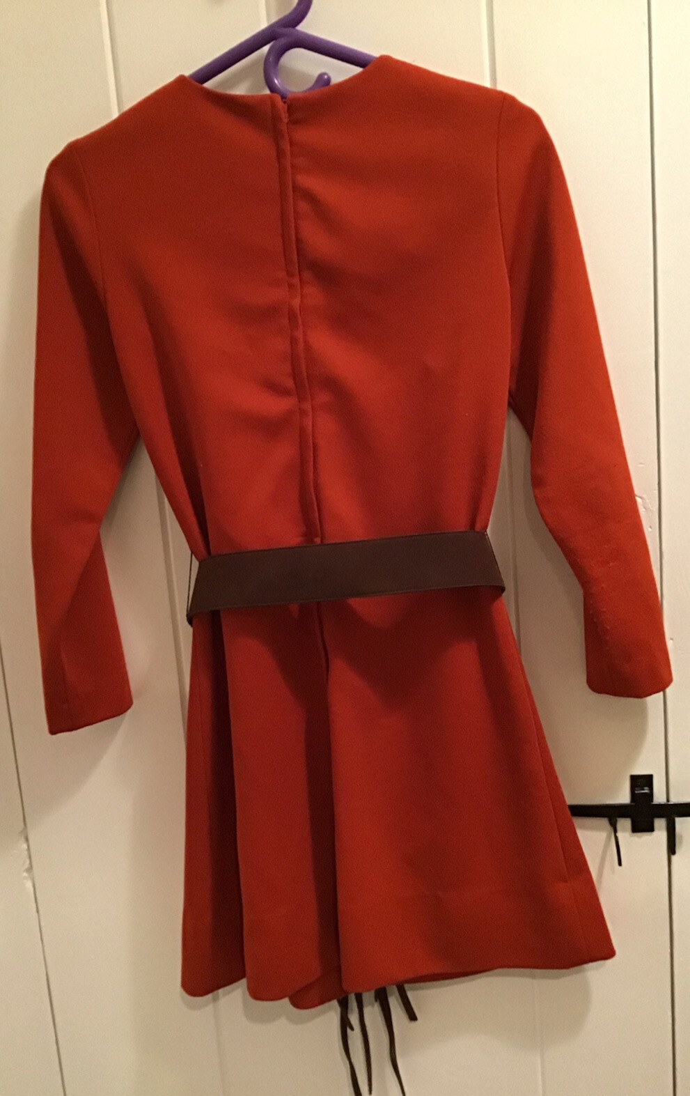 Alfreda Vintage ? 1960s Short Polyester Rust Color Dress w/ Belt, ? Size Small