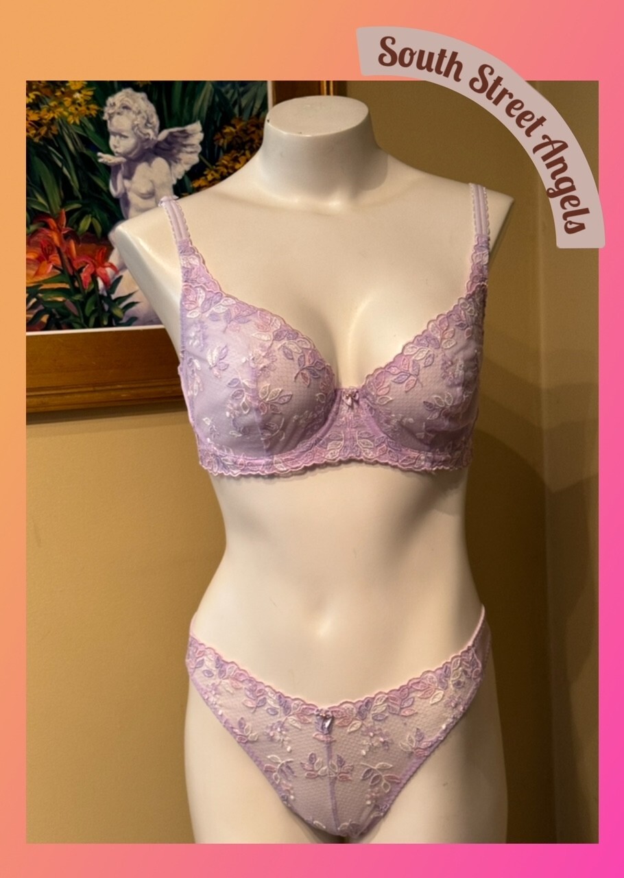 VINTAGE WACOAL 85731 84231 FLOWER FIELDS SHEER EMBROIDERED BRA PANTY SET 34D / S