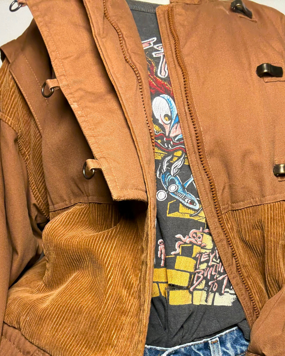 Vintage 80s J Gallery Cropped Bomber Jacket Canvas Corduroy Brown Streetwear S