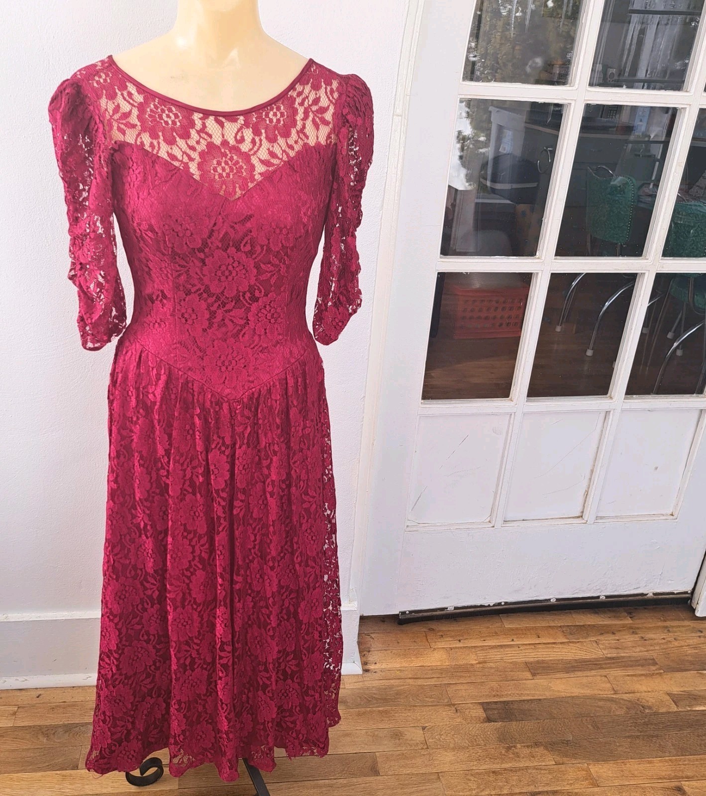 Vintage 80s Lace XS Maxi Dress Burgundy Red Puff Sleeves Prom Victorian Bow