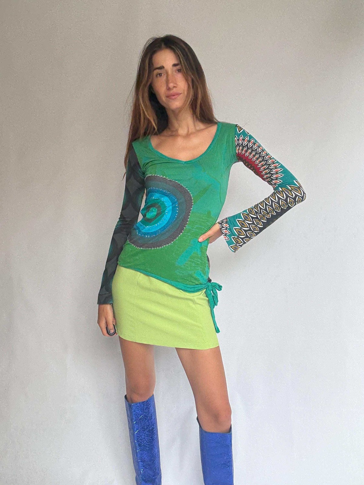 Desigual long sleeve green graphic blouse – bold print, tie waist detail – soft