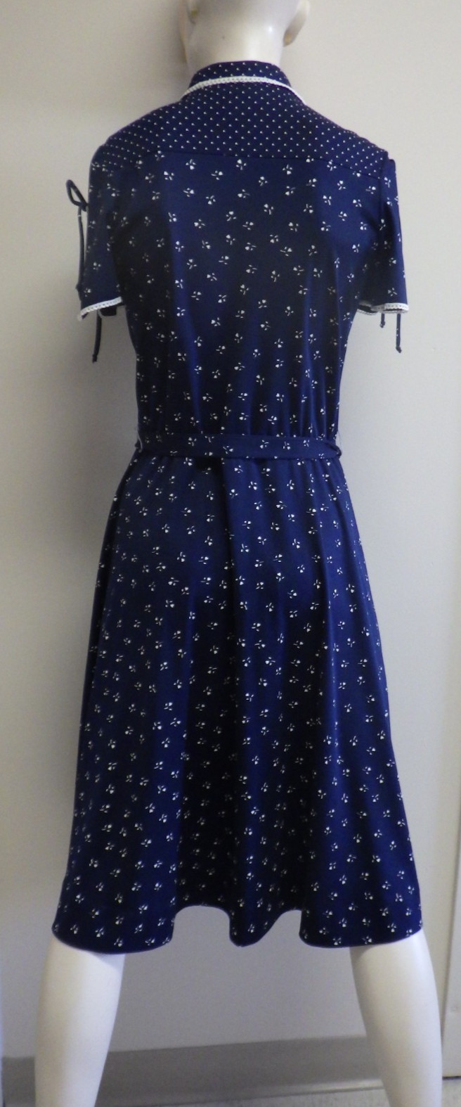 Vintage 70s 80s Boho Blue Shirtdress S Button Up Cap Sleeve Fit Flare Retro