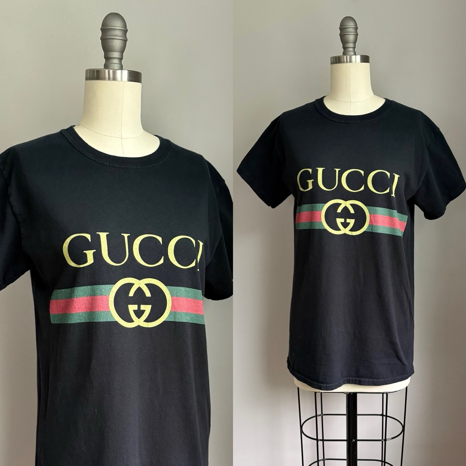 Vintage 1980’s Black Gucci Logo Web Stripe T-Shirt Small 34” chest